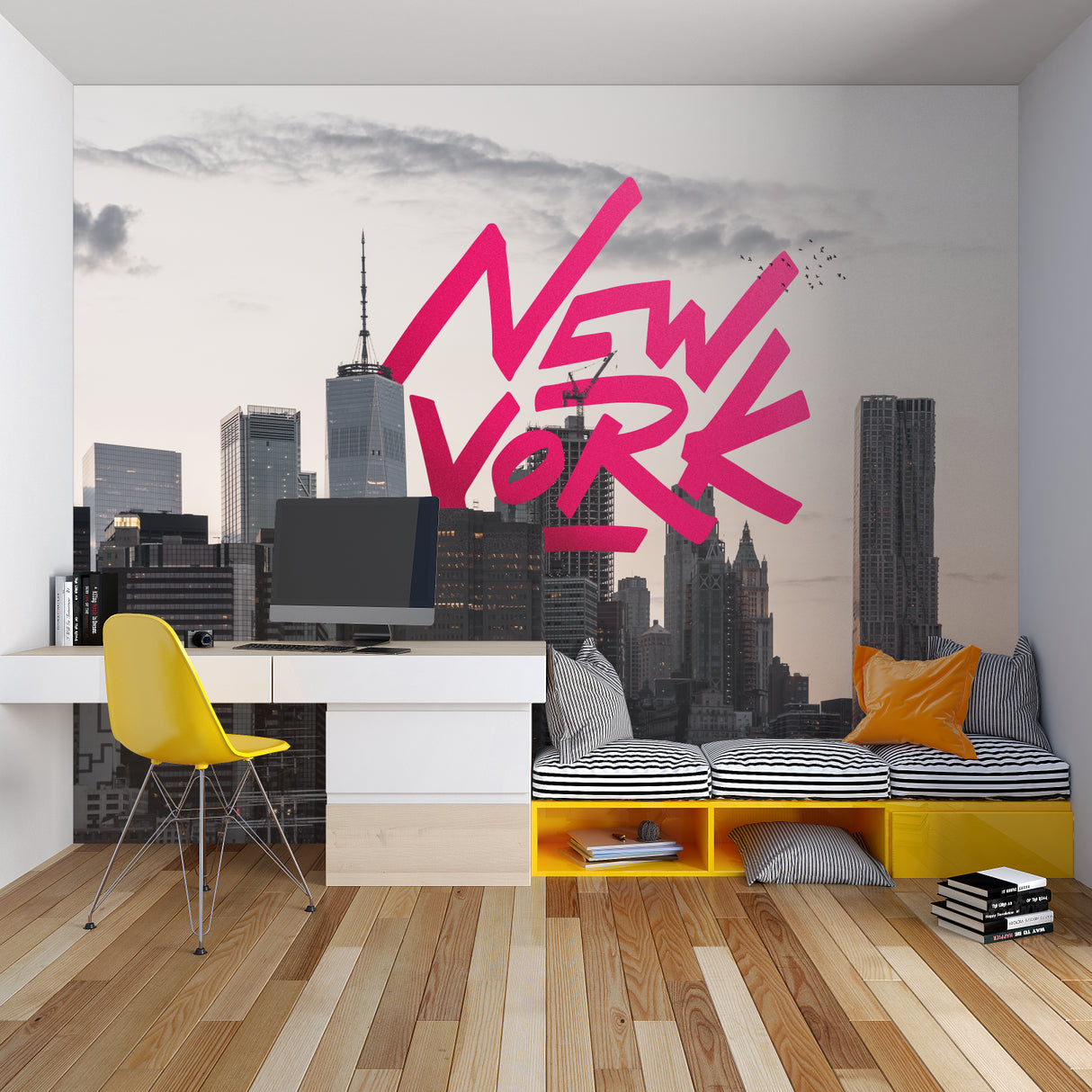 Modern New York skyline mural creating depth in a studio apartment