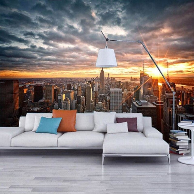 Manhattan sunset mural wallpaper transforming home office space with panoramic city views