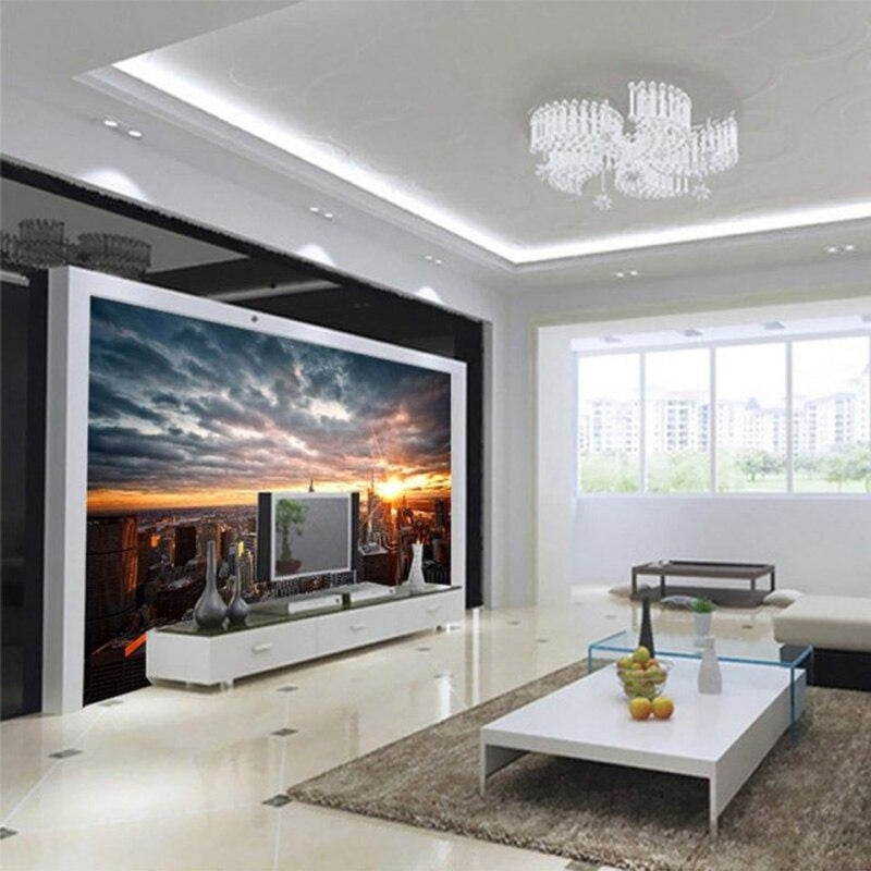NYC skyline wall mural adding urban sophistication to bedroom with golden sunset glow