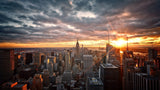 New York City sunset skyline design file showing detailed panoramic view with golden sky and silhouetted buildings