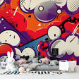 Night racing car wallpaper in modern living room with LED lighting enhancing city glow
