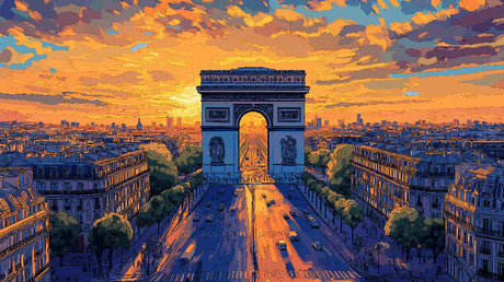 Paris Arc de Triomphe design file showing detailed architectural illustration with golden sunset colors