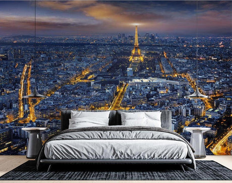 Paris night skyline wallpaper creating depth in modern living room, Eiffel Tower glowing against dark blue sky