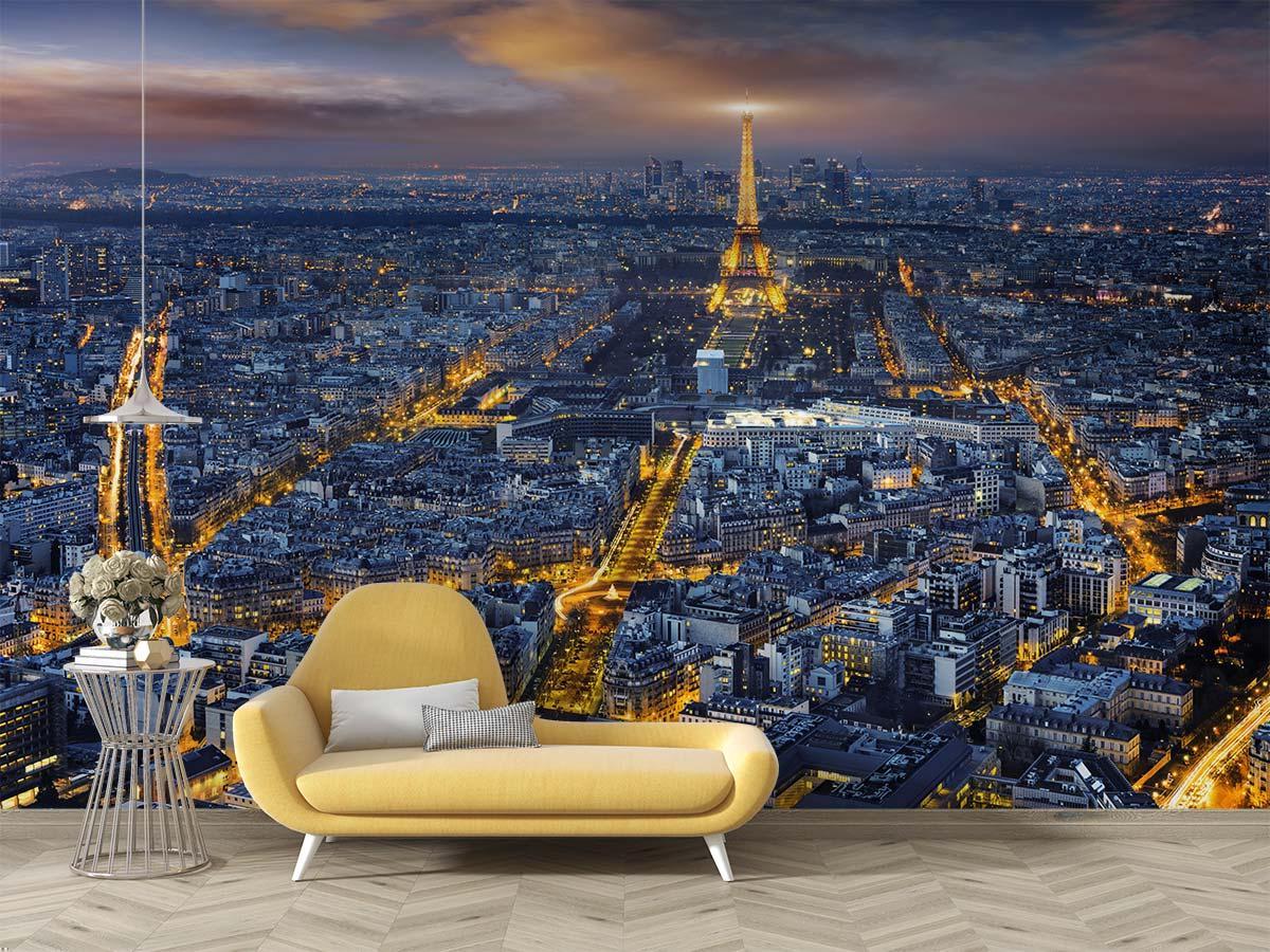 Elegant dining room featuring Paris city mural wallpaper with golden lights and Eiffel Tower