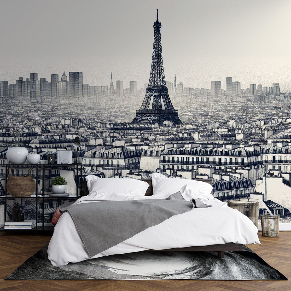 Black and white Paris wallpaper mural showcased in a modern living room, Eiffel Tower view creating depth
