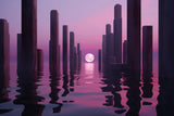 Design file of purple sunset cityscape wallpaper showing full moon and reflective water details