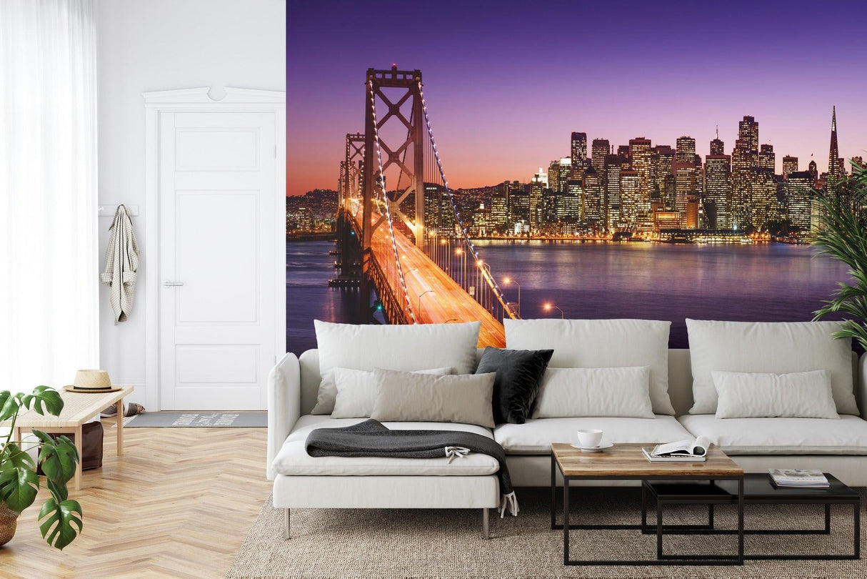 San Francisco Bridge wall mural creating depth in modern living room with warm sunset tones