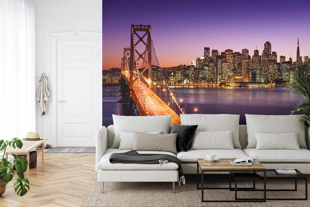 San Francisco Bridge wall mural creating depth in modern living room with warm sunset tones