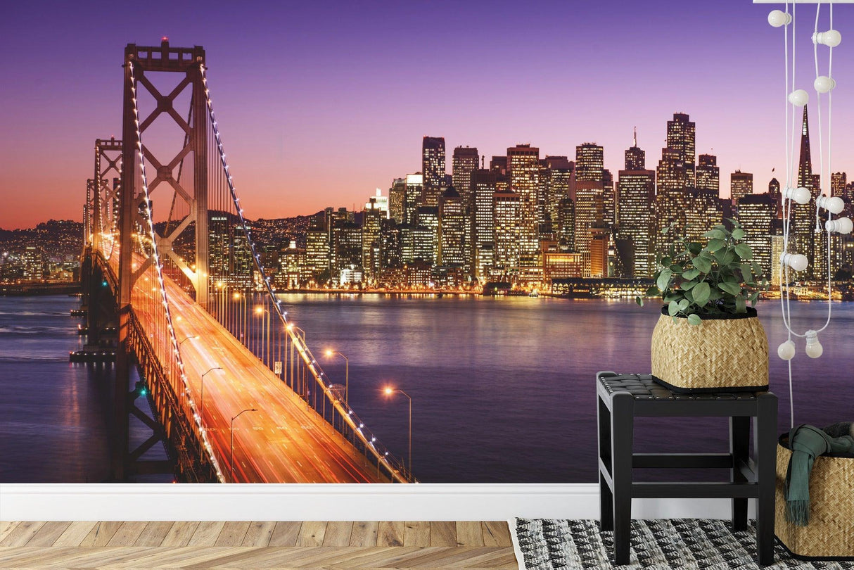 City wall mural with Golden Gate Bridge displayed in contemporary home office space