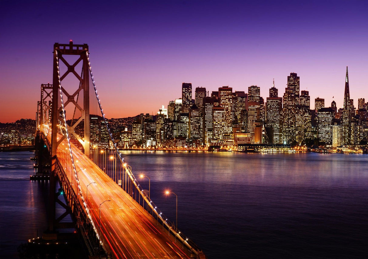 San Francisco Bridge sunset design file showing rich purple-orange gradient and city lights