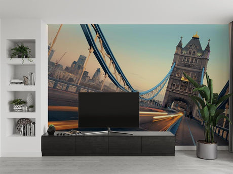 London Tower Bridge wallpaper mural styled in a modern living room, creating an urban focal point with warm sunset tones