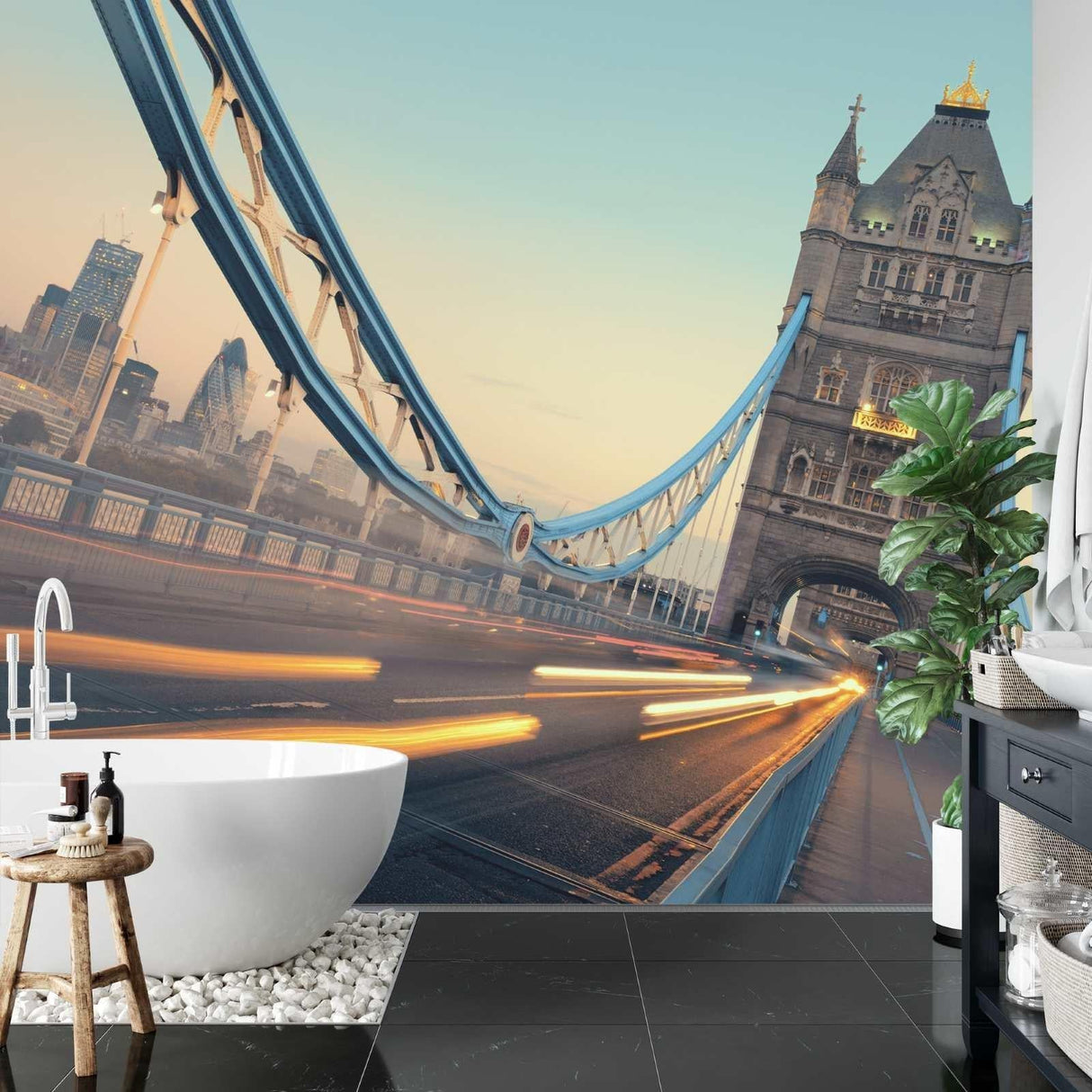 Tower Bridge wall mural showcased in a home office setting, bringing London's iconic architecture to life