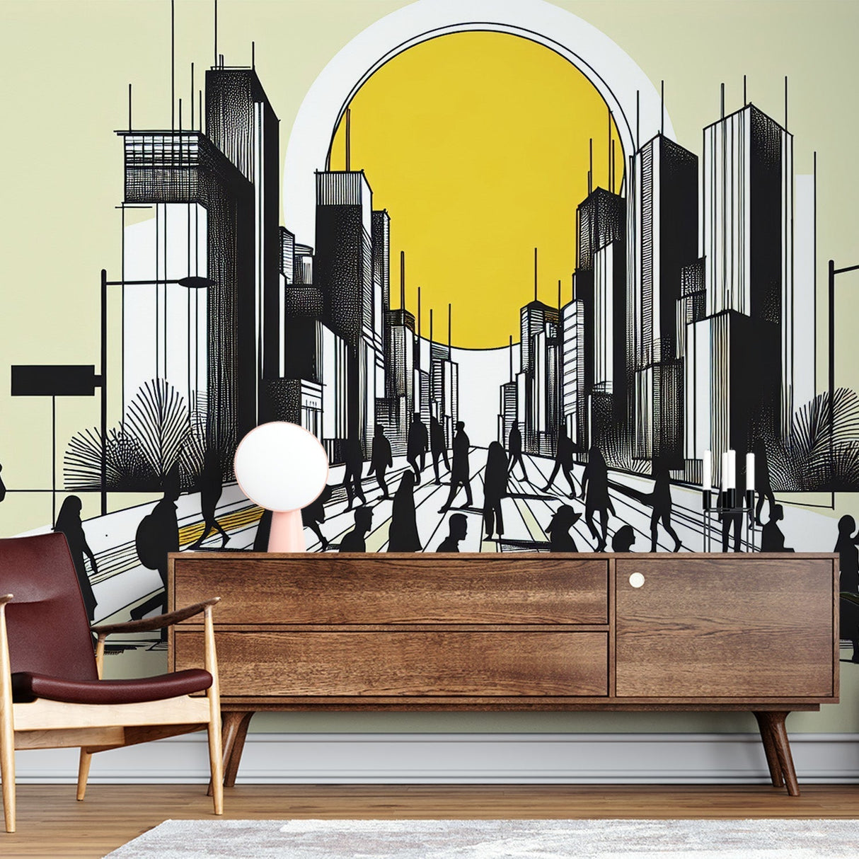 Modern city skyline wallpaper displayed in a minimalist living room, showing urban silhouettes against a warm yellow sun
