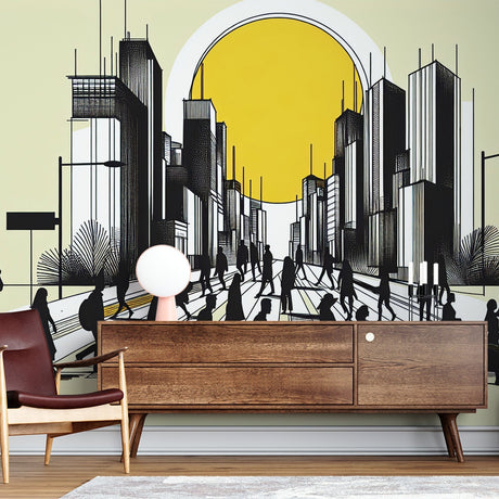 Modern city skyline wallpaper displayed in a minimalist living room, showing urban silhouettes against a warm yellow sun