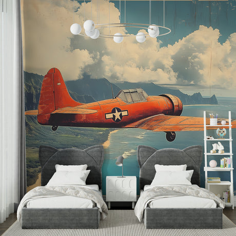 Modern City Skyline Wallpaper showcased in a minimalist living room with pink and yellow sunset tones