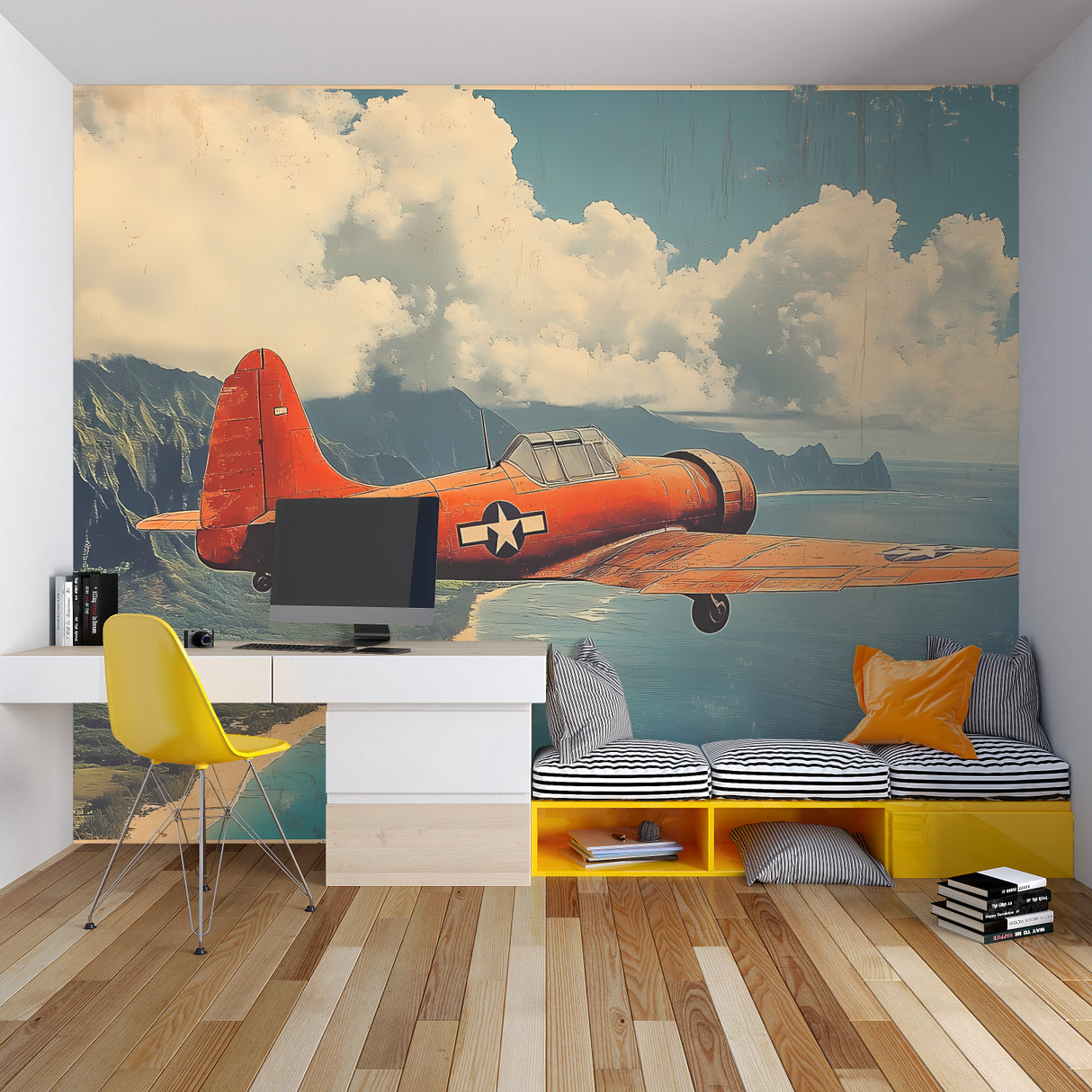Urban Sunset Mural creating a bold statement in a contemporary home office