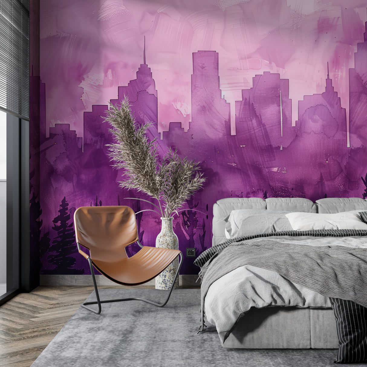 Purple watercolor city skyline mural in modern minimalist living room with grey sofa