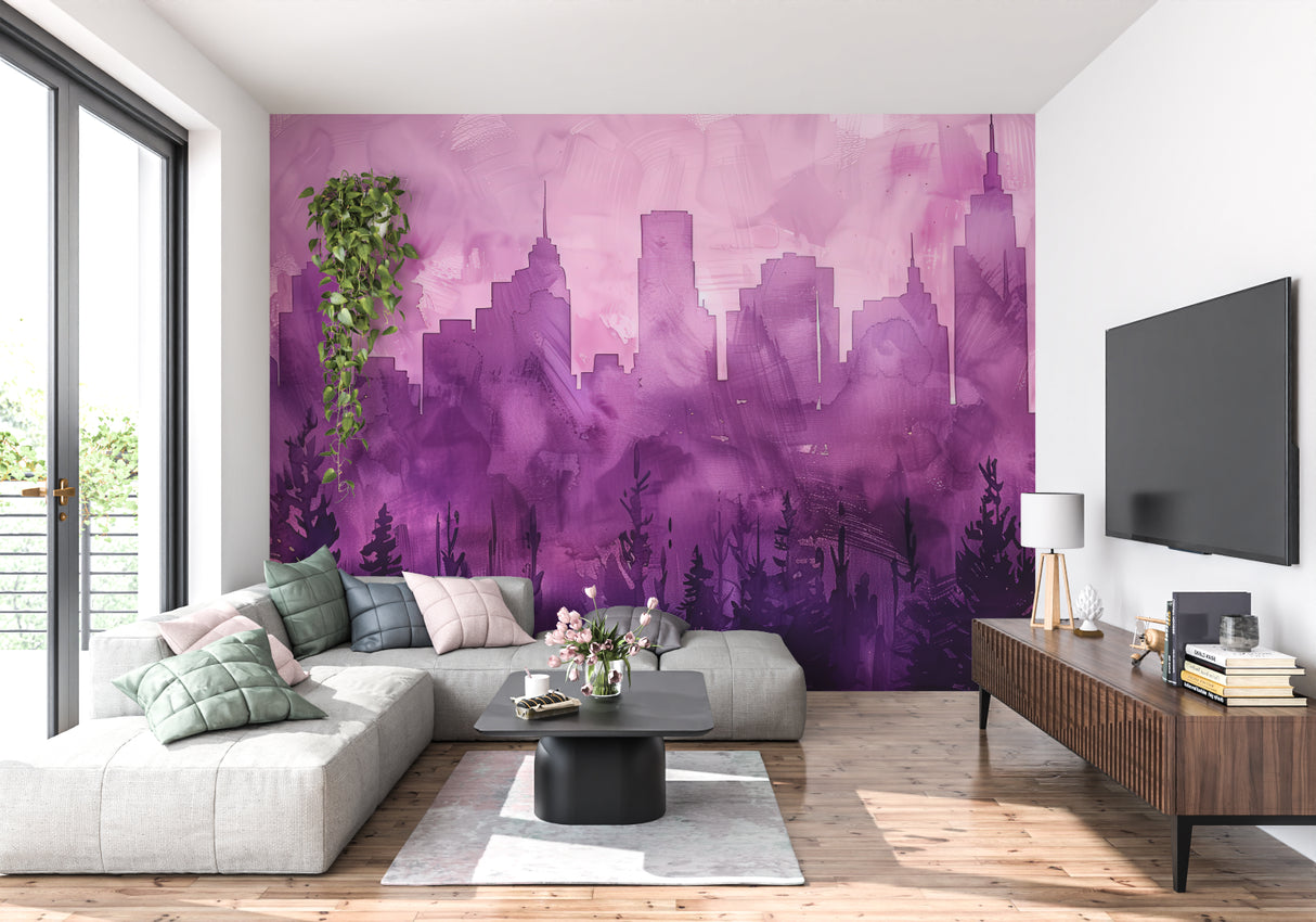 Urban skyline wallpaper creating depth in contemporary home office space