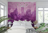 Purple city mural adding drama to dining room with modern furniture