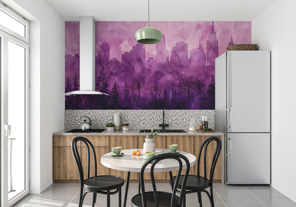 Watercolor skyline wallpaper in master bedroom with minimal decor