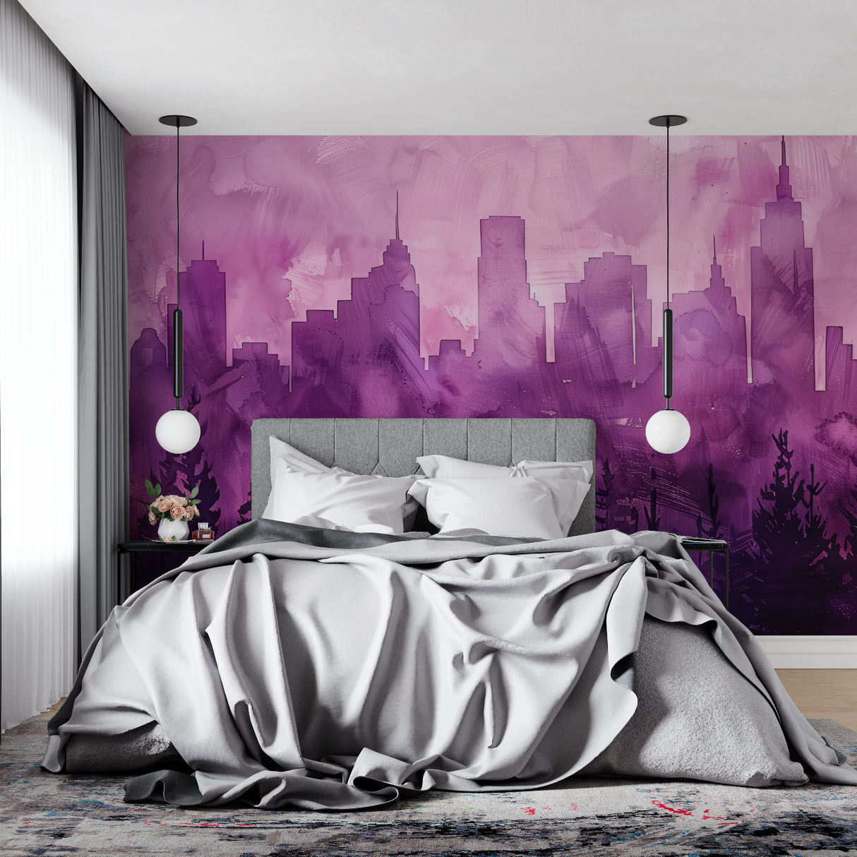 Urban wall mural transforming hallway with purple watercolor tones