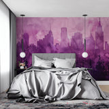 Urban wall mural transforming hallway with purple watercolor tones