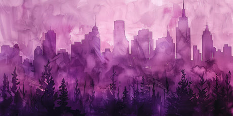 Design file showing full purple watercolor city skyline pattern with detailed urban elements