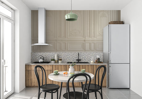 Classic panel wallpaper in bright modern living room with high ceilings and contemporary furniture