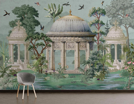 Classical garden paradise wallpaper mural displayed in an elegant living room with high ceilings and natural light