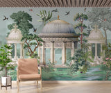 Garden architectural wallpaper creating depth in a sophisticated dining room with modern furniture
