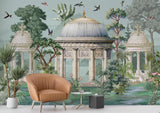 Birds and architecture wallpaper mural making a statement in a bright hallway entrance