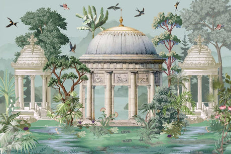 Classical garden paradise design file showing detailed architectural elements and graceful birds in natural setting