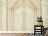 Architectural arch wallpaper creating depth in a modern dining room with soft beige tones