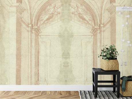 Architectural arch wallpaper creating depth in a modern dining room with soft beige tones