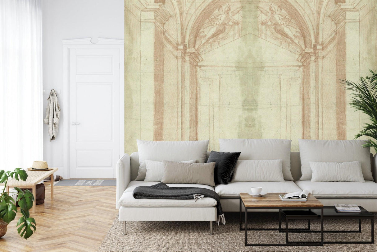 Classical arch mural wallpaper making a living room look bigger with vintage architectural details