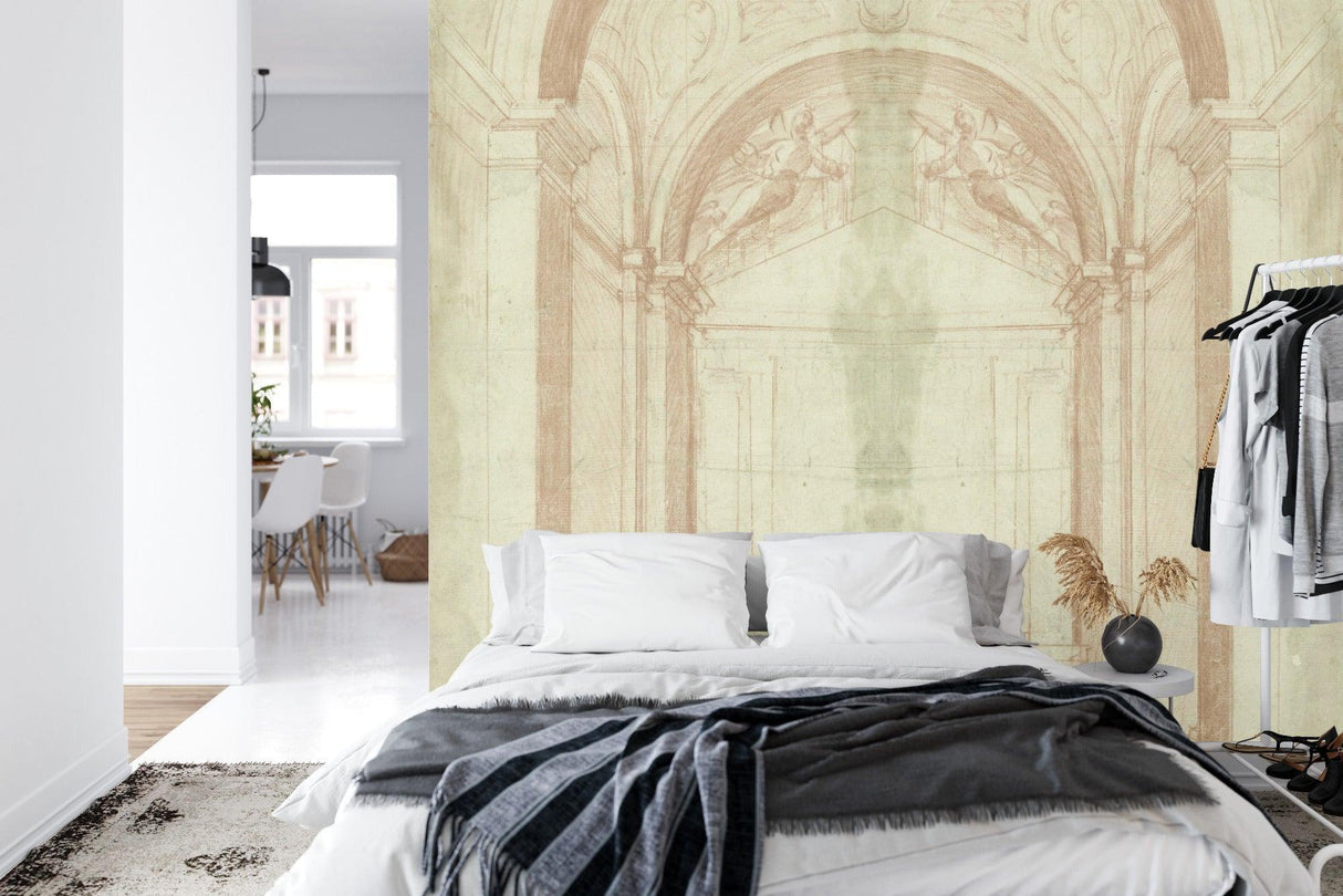 Vintage architectural wallpaper adding elegance to a hallway with beige arches