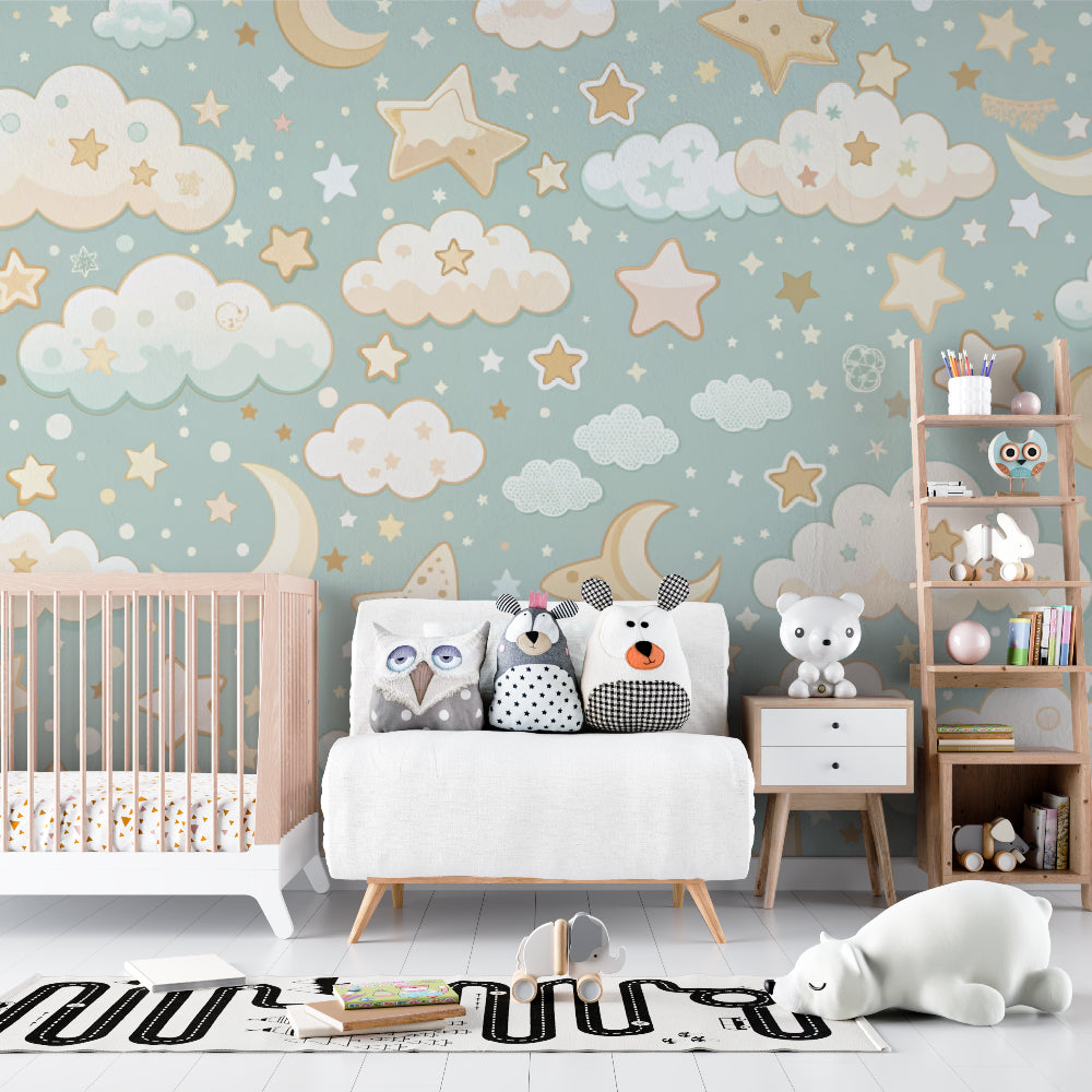 Cloud and star wallpaper in a cozy nursery with white crib, showing the perfect blend of mint green and golden stars