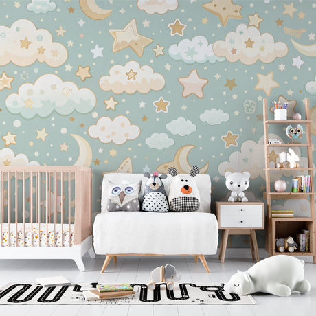 Cloud and star wallpaper in a cozy nursery with white crib, showing the perfect blend of mint green and golden stars