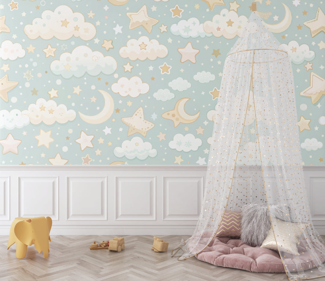 Celestial nursery wallpaper creating a magical atmosphere in a reading corner with rocking chair