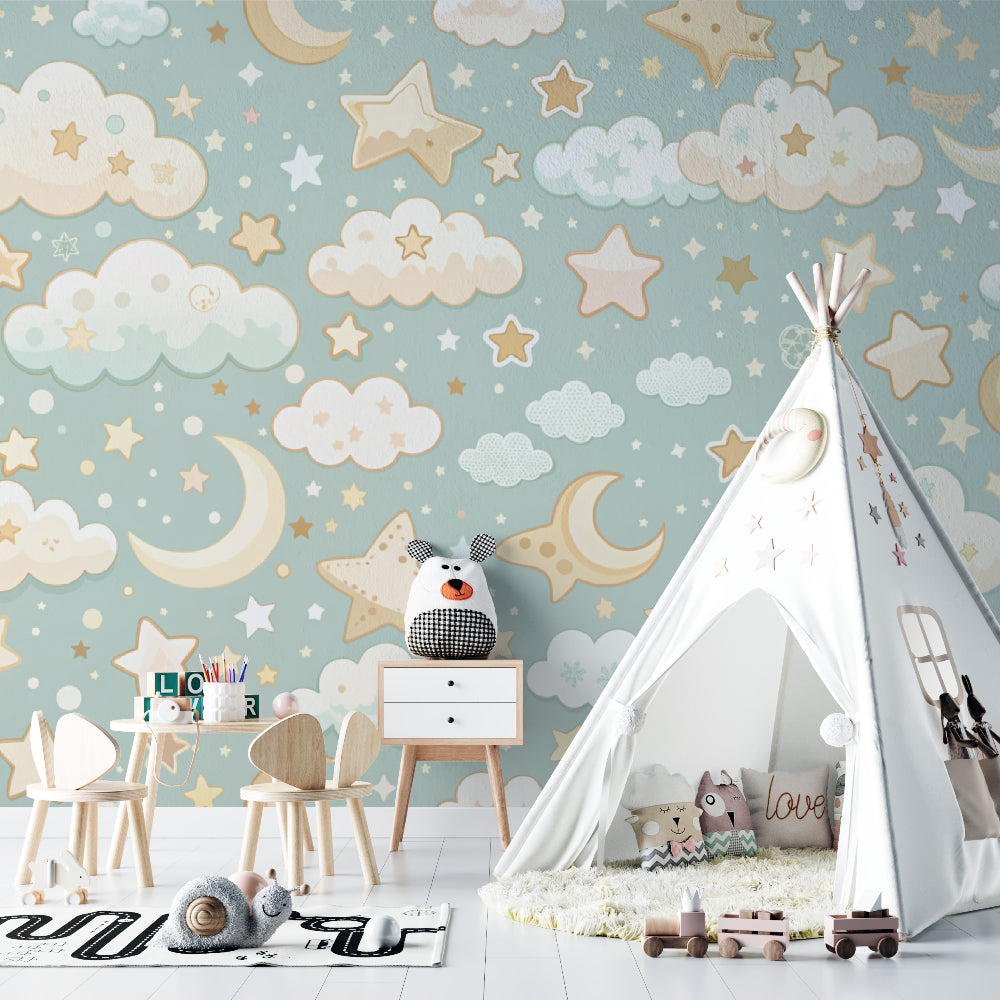 Star and cloud mural in a playroom setting, showcasing the wallpaper's soft mint background