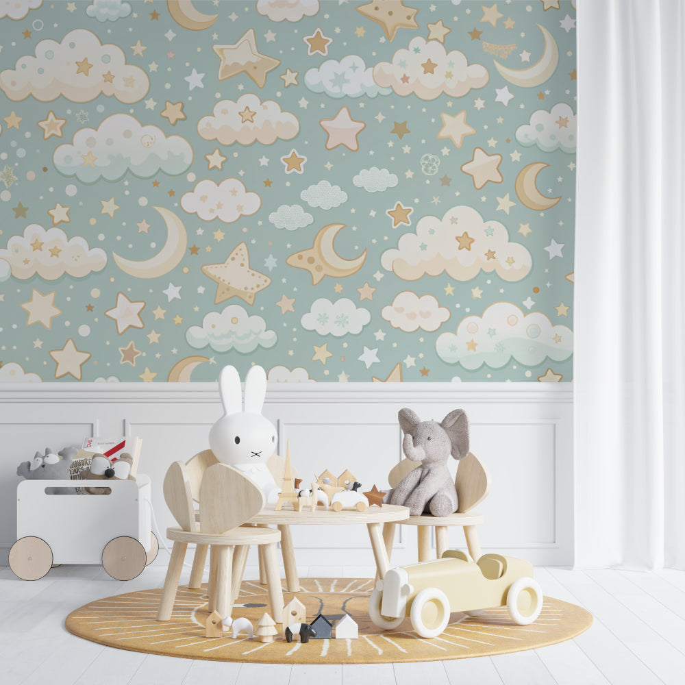 Dreamy sky wallpaper installation in a modern nursery with minimal furniture