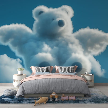Cloud Mural Wallpaper with flying bear design transforms a bright nursery into a magical space