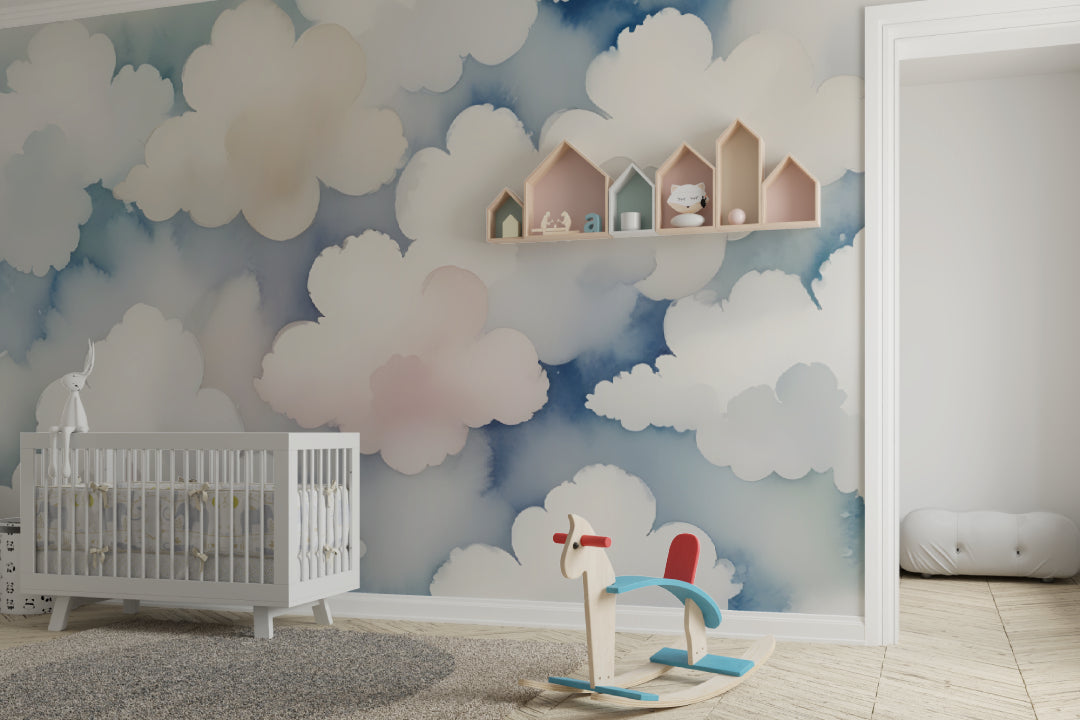 Dreamy cloud wallpaper creating depth in a child's bedroom with gentle sky design