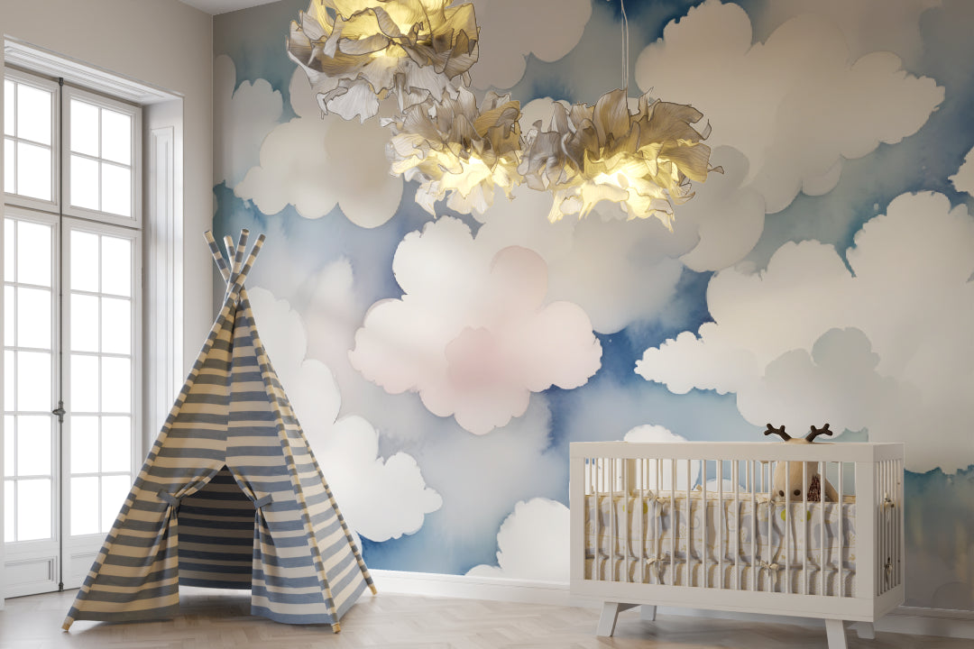 Cloud wall mural adding height to a cozy reading nook