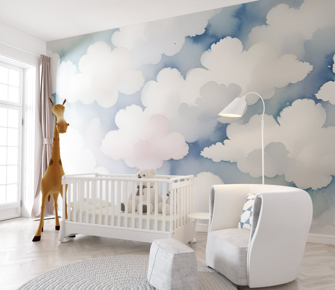 Soft cloud wallpaper bringing serenity to a modern living room