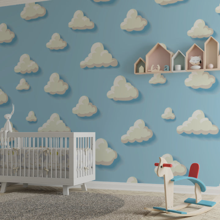 Cloud mural wallpaper creating a peaceful atmosphere in a modern nursery with white furniture