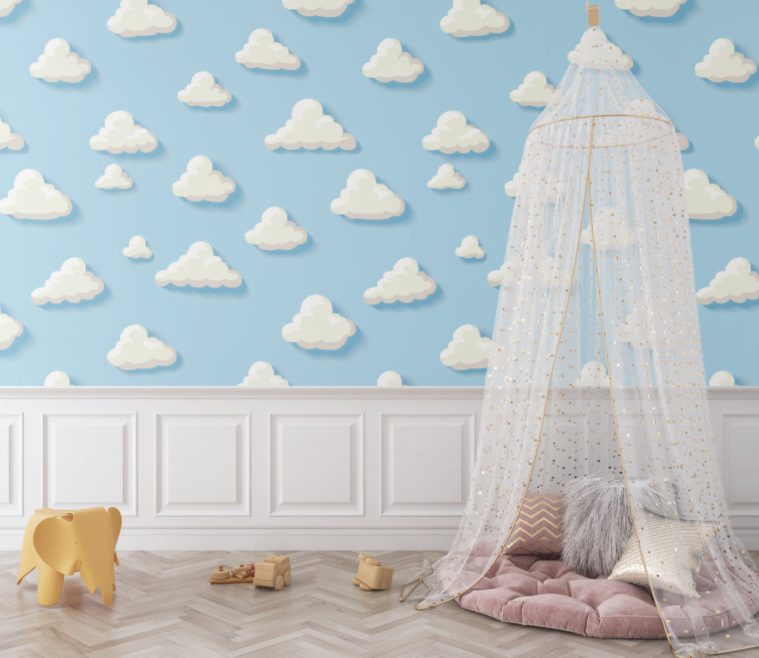 Dreamy cloud wallpaper in a cozy reading nook with cushions