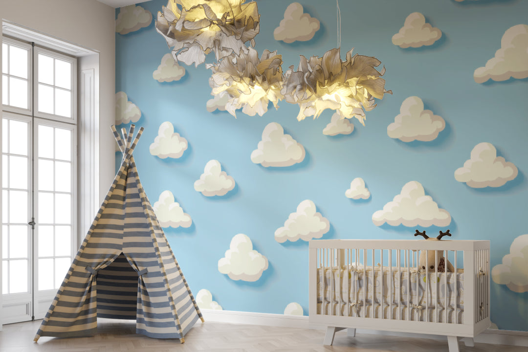 Cloud pattern mural making a small bedroom feel spacious and airy