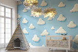Cloud pattern mural making a small bedroom feel spacious and airy