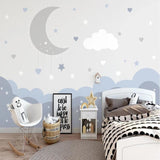 Dreamy cloud wallpaper transforming a master bedroom into a peaceful retreat